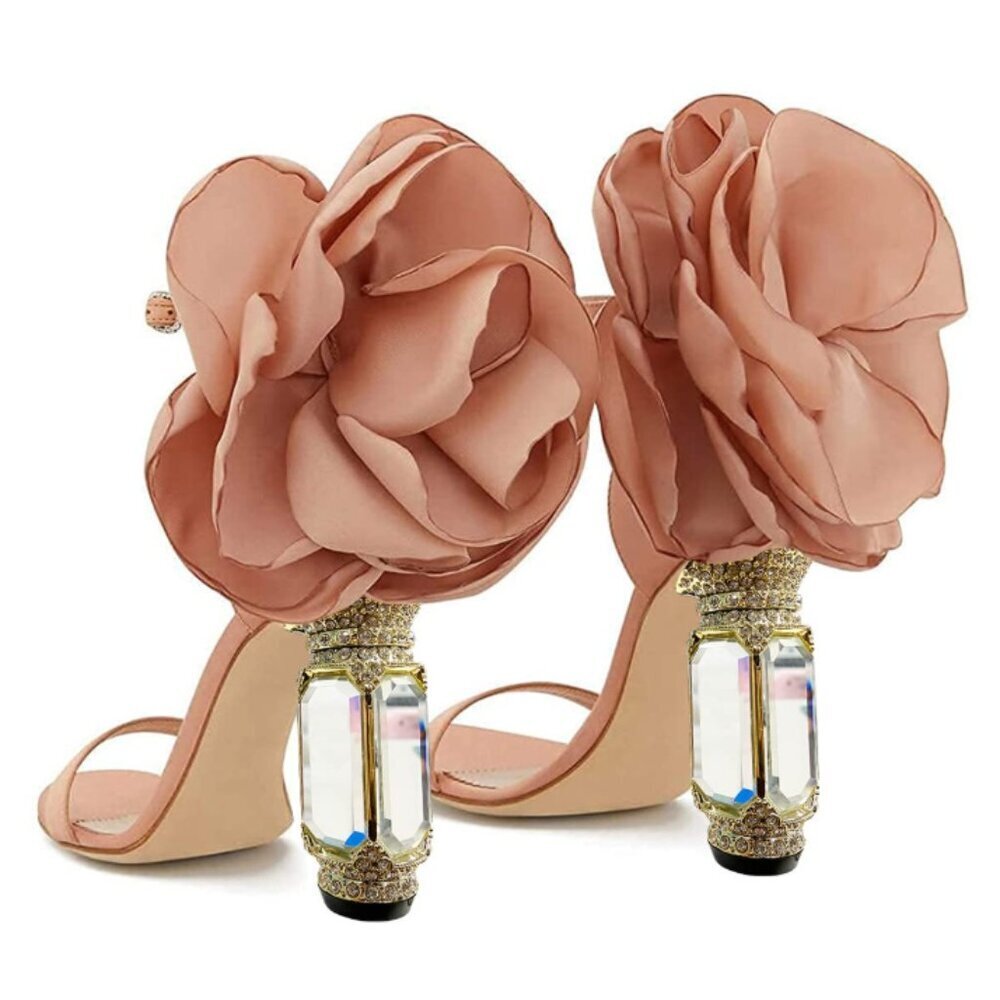 NIB FSJ Blush Satin Floral Sandals Crystal Decorative Heel Bridal Shoes - Picture 3 of 5